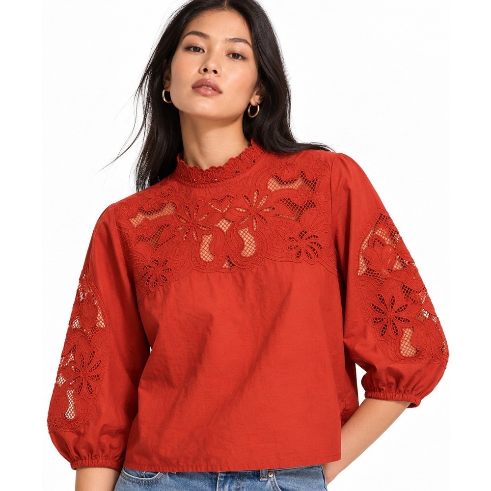 H&M Women Orange Red Floral Eyelet Embroidery Mock Neck Blouse Top Large NWT